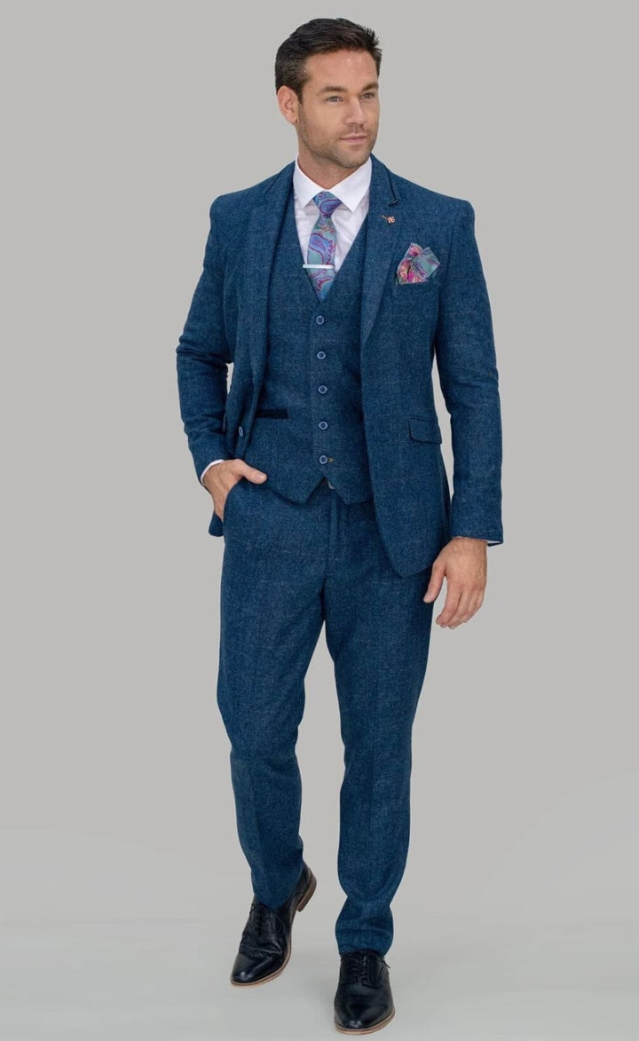 Cavani Carnegi 3 Piece Blue Check Tweed Suit - 36S / 30S - Suit & Tailoring