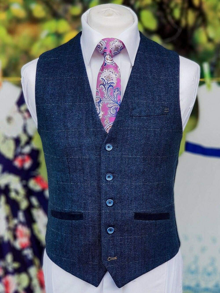 Cavani Carnegi Mens Blue Slim Fit tweed Check Waistcoat - 36R - Suit & Tailoring