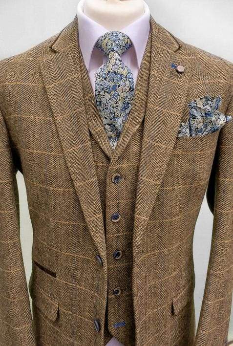 Classic Brown 3 Piece Tweed Suit Cavani Albert Slim Fit Check Suit - 36R / 30R - Suit & Tailoring