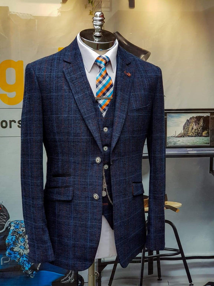 Cavani Cody Mens 3 Piece Blue Check Slim Fit Suit - 46R / 40R - Suit & Tailoring