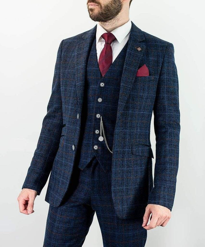 Cavani Cody Mens 3 Piece Blue Check Slim Fit Suit - 36R / 30R - Suit & Tailoring