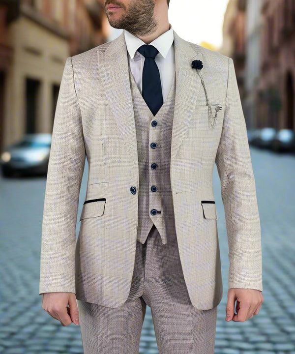 Men’s Cream Three Piece Slim Fit Cavani Caridi Suit for Weddings and Race Days - MENSWEARR.COM - 36S / 30S - Men’s Tweed Suits