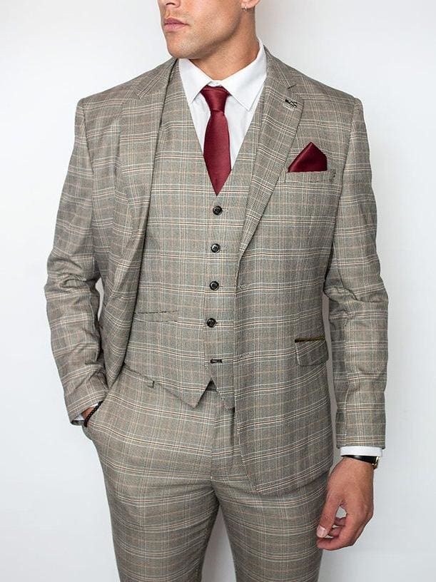 Cavani Quincy Mens Stone Check Slim Fit Three Piece Suit - Suit & Tailoring