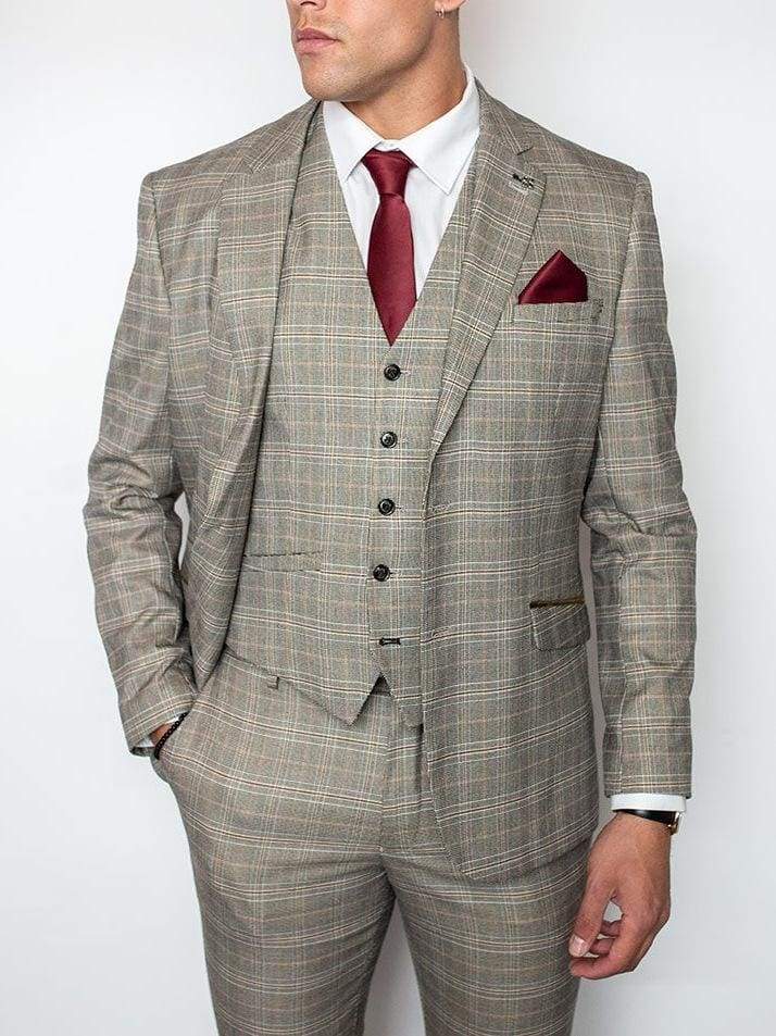 Cavani Quincy Mens Stone Check Slim Fit Three Piece Suit - 36R / 30R - Suit & Tailoring