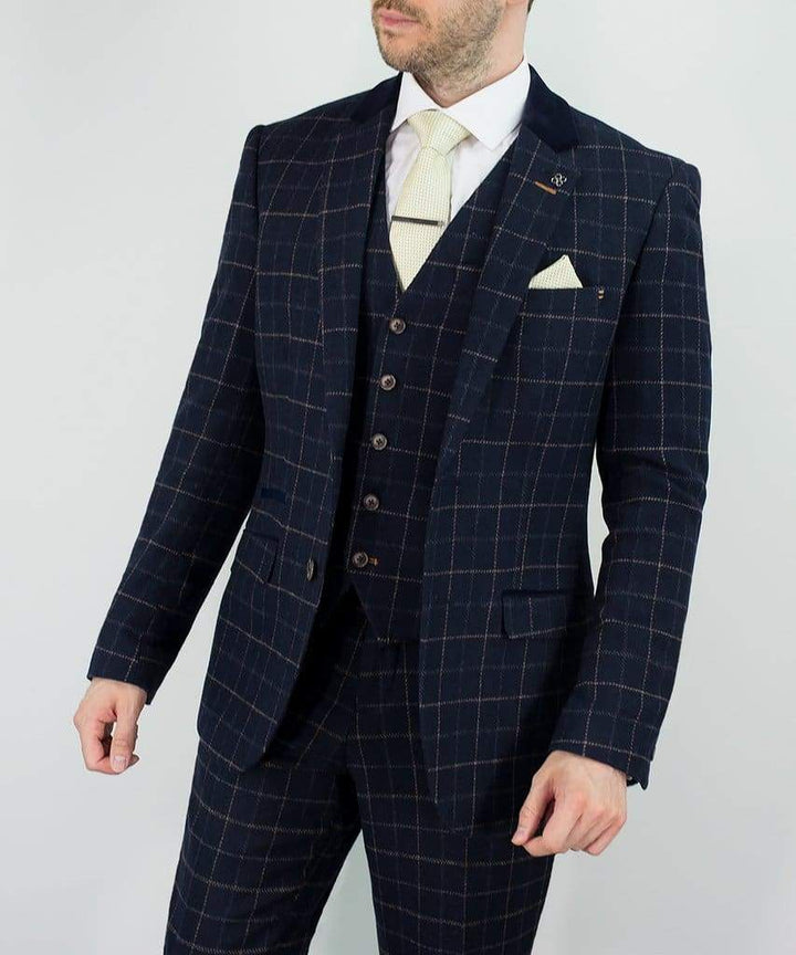 Tweed Navy Check Suit Shelby 3 Piece Slim Fit by House of Cavani - 36R / 30R - Suit & Tailoring