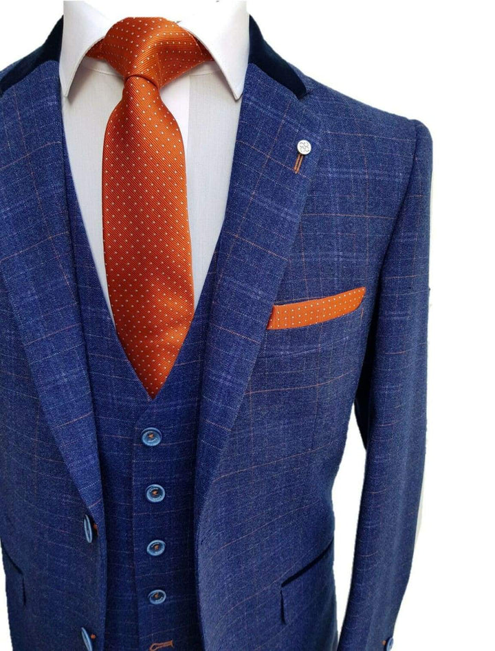 Tweed Style Blue Cavani Kaiser 3 Piece Slim Fit Check Suit - 36R / 30R - Suit & Tailoring
