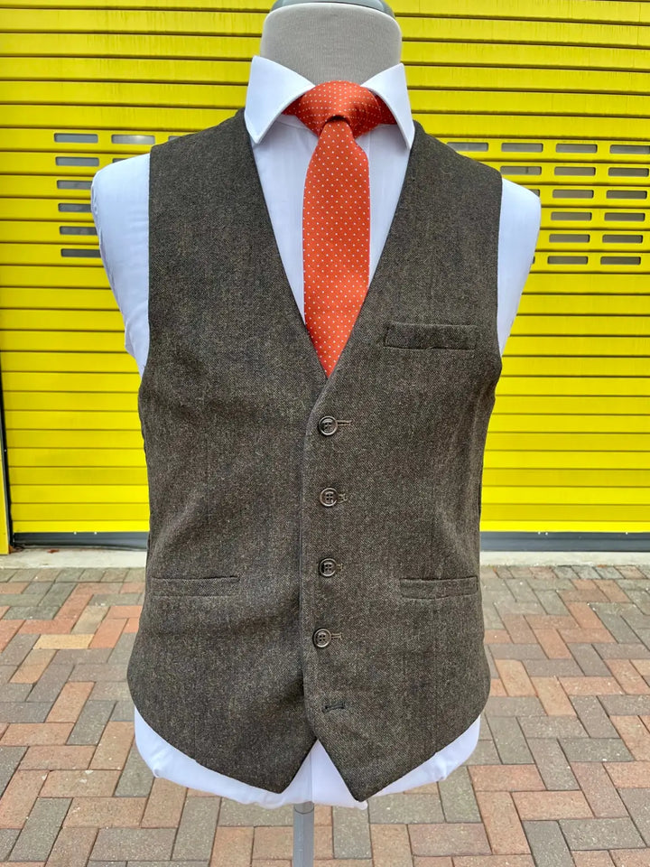 Cavani Kaos Men’s Slim Fit Tweed Waistcoat - Brown / 36 - Suit & Tailoring
