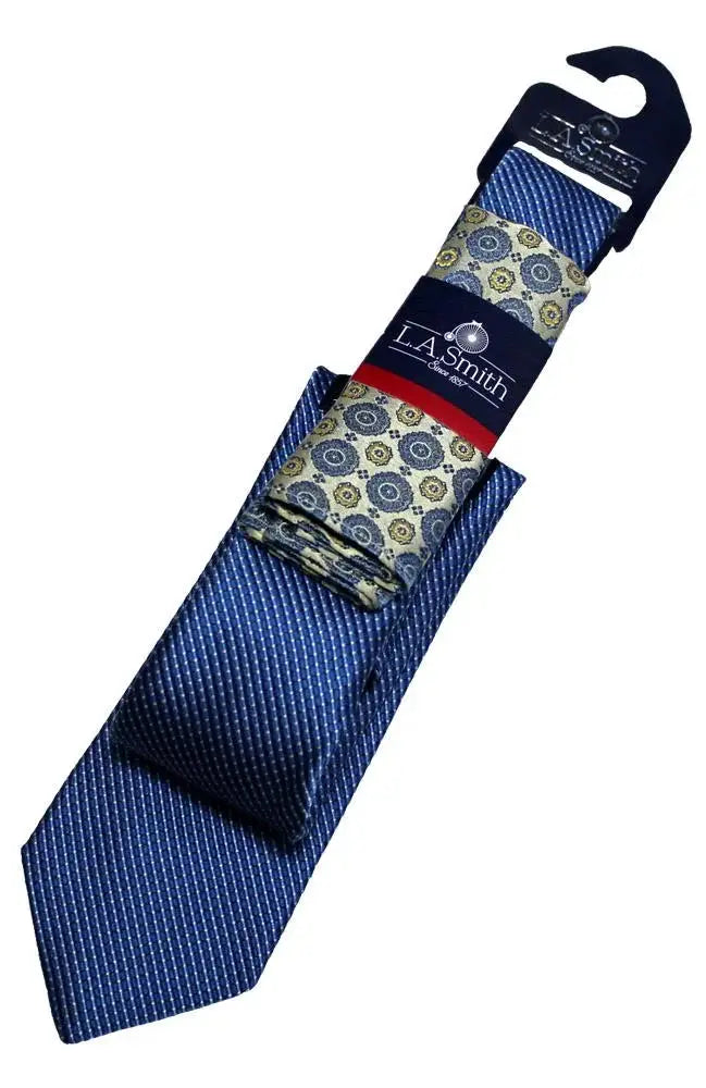 L A Smith Blue Medallion Silk Tie And Hank Set - Accessories