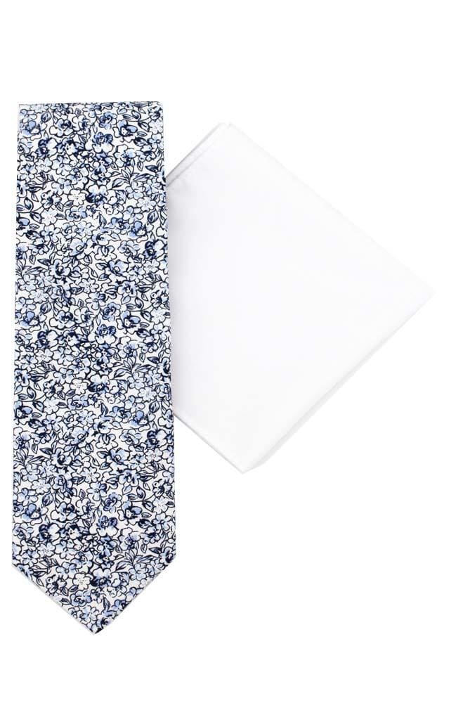 L A Smith Blue White Floral Cotton Tie And Hank Set - Accessories