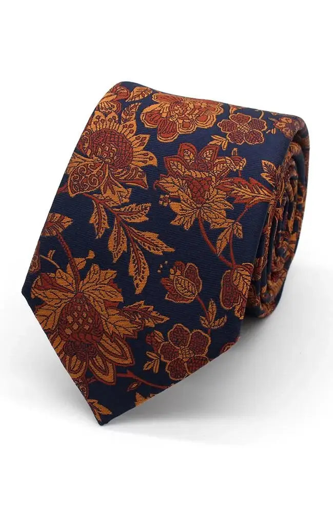 L A Smith Burnt Orange On Navy Bold Floral Tie And Hank Set - Accessories