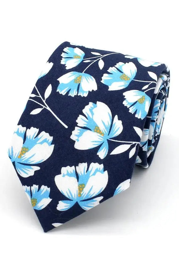 L A Smith Large Flower Blue On Navy Tie And Hank Set - Accessories