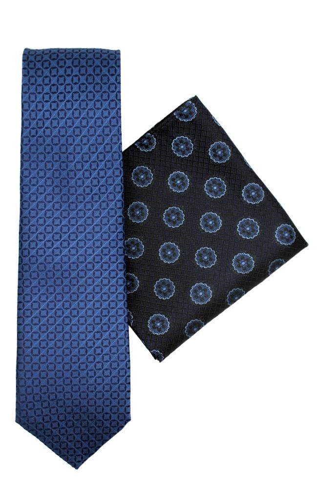 L A Smith Medallion Blue Silk Tie And Hank Set - Accessories