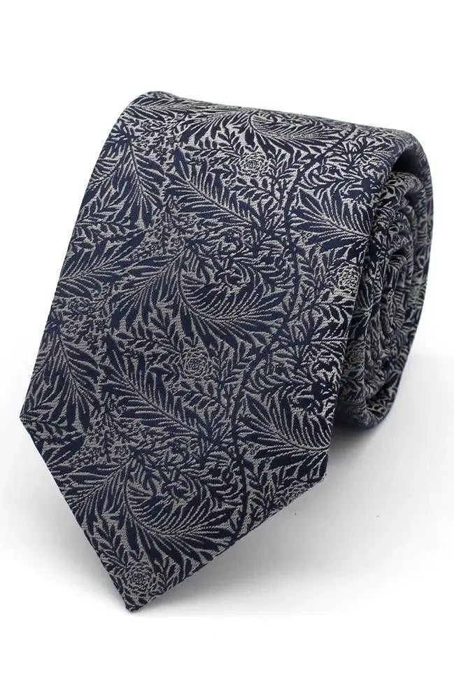 L A Smith Navy On Silver Delicate Leaves Tie And Hank Set - Accessories