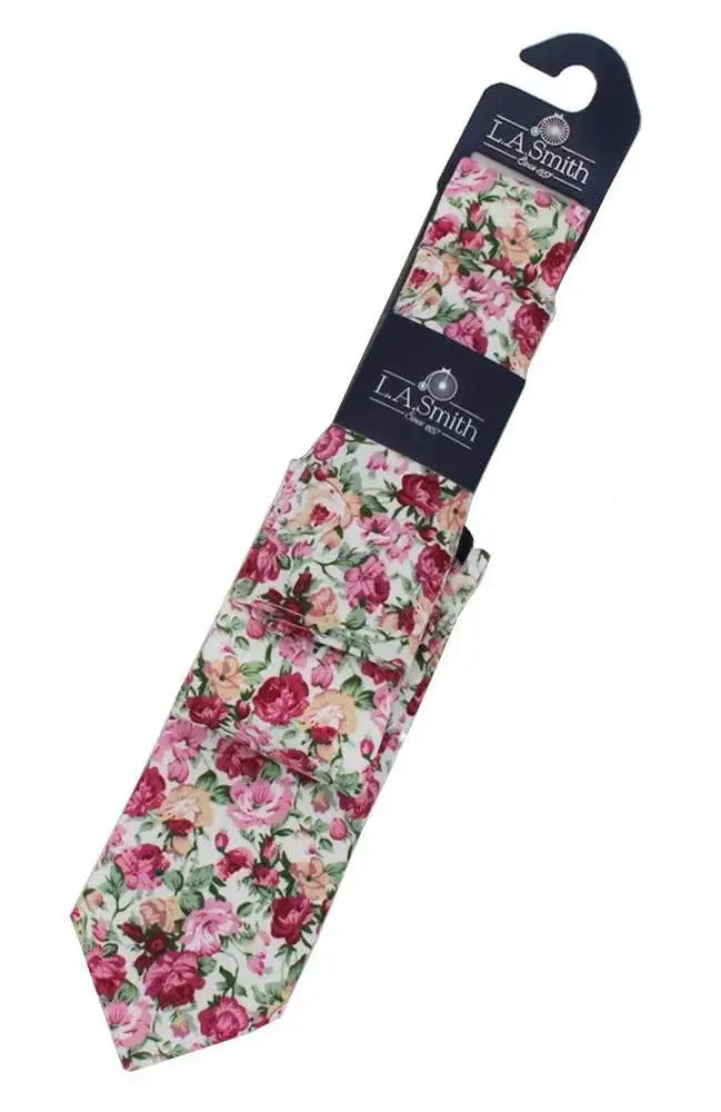 L A Smith Pink Beautifull Flower Tie And Hank Set - Accessories