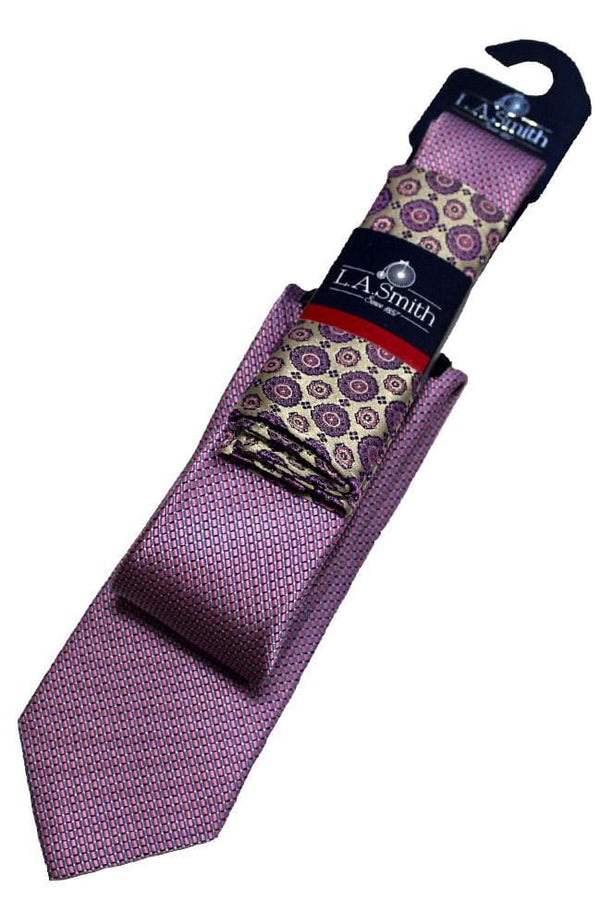L A Smith Pink Medallion Silk Tie And Hank Set - Accessories