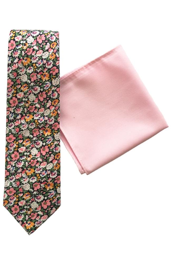L A Smith Pink White Floral Cotton Tie And Hank Set - Accessories