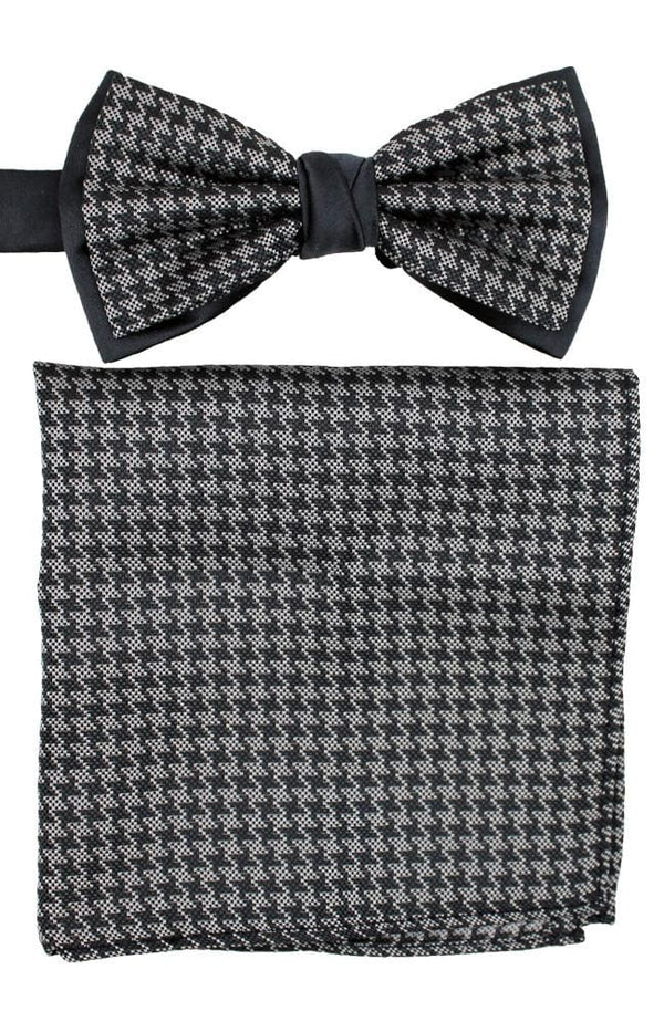 L A Smith Poly Black Dogtooth Bow Tie And Hank Set - Accessories