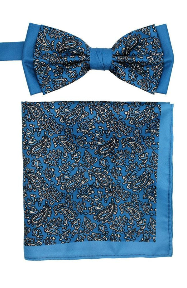 L A Smith Poly Blue Paisley Bow Tie And Hank Set - Accessories