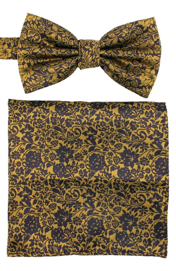 L A Smith Poly Gold Floral Bow Tie And Hank Set - Accessories