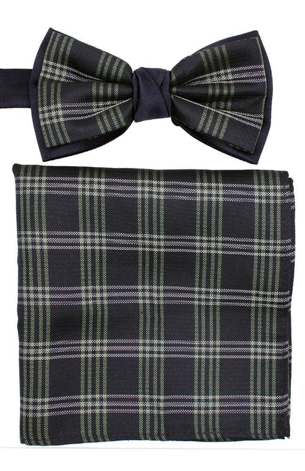 L A Smith Poly Green Navy Check Bow Tie And Hank Set - Accessories