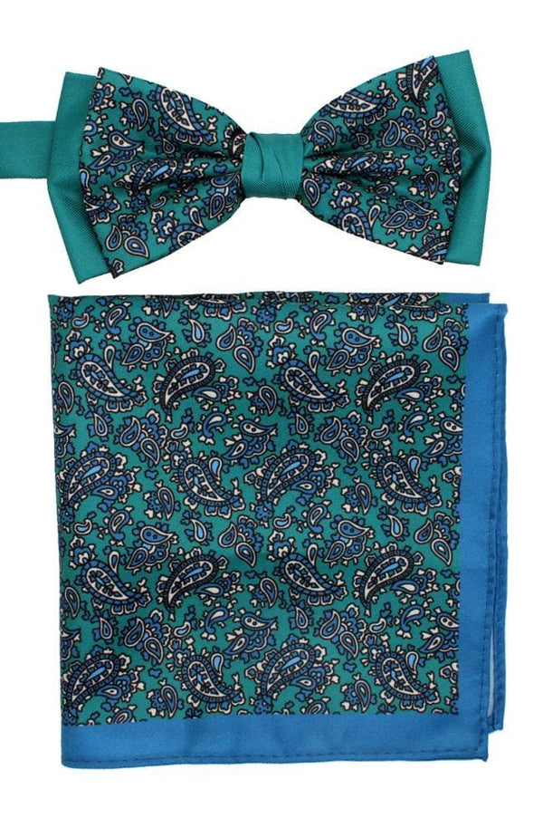 L A Smith Poly Green Paisley Bow Tie And Hank Set - Accessories