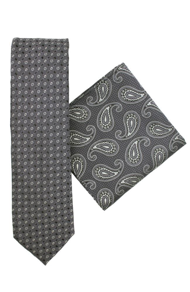 L A Smith Poly Grey Paisley Tie And Hank Set - Accessories