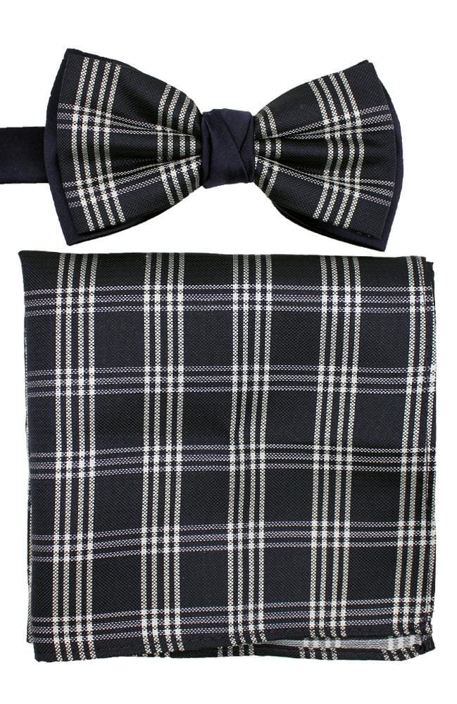 L A Smith Poly Navy Check Bow Tie And Hank Set - Accessories