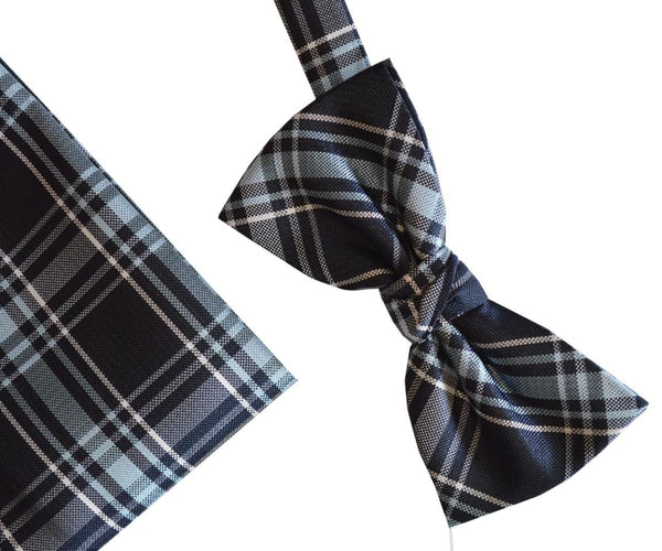L A Smith Poly Navy Check Bow Tie And Hank Set - Accessories