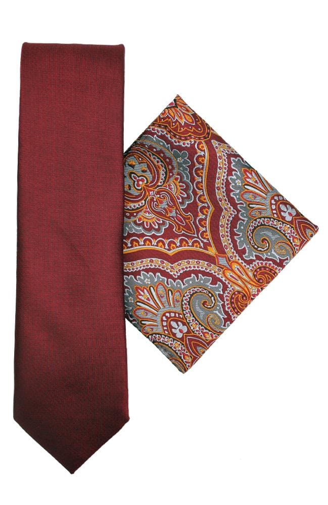 L A Smith Poly Wine Paisley Tie And Hank Set - Accessories