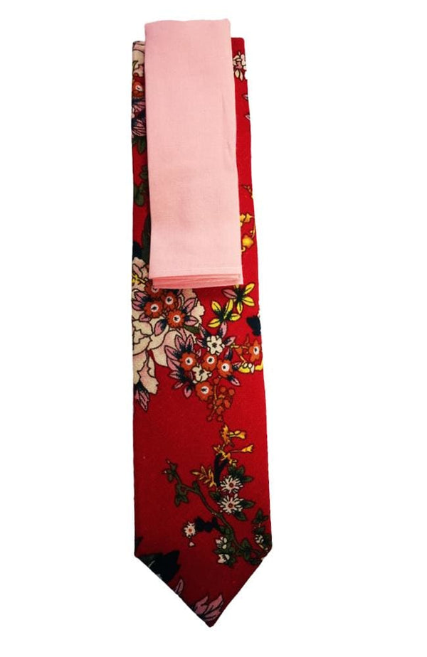 L A Smith Red Floral Cotton Tie And Hank Set - Accessories