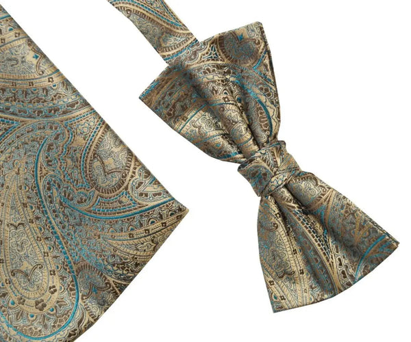 L A Smith Teal Ecru Paisley Silk Bow Tie And Hank Set - Accessories