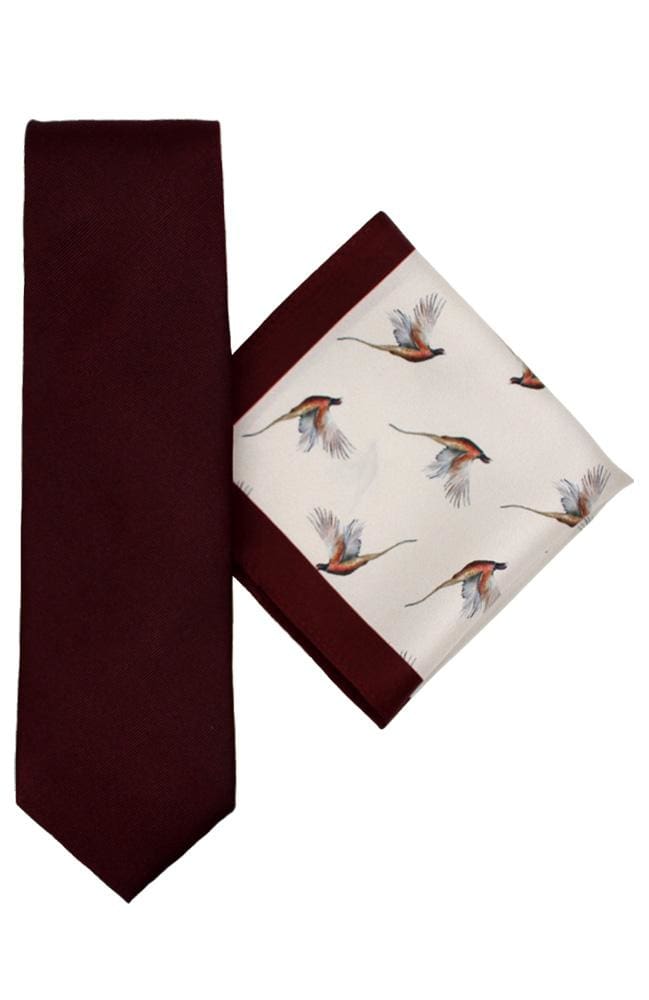 L A Smith Wine Pheasant Silk Tie And Hank Set - Accessories