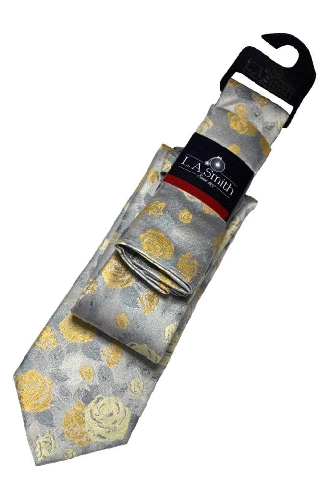 L A Smith Yellow Floral Silk Tie And Hank Set - Accessories