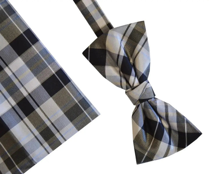 L A Smith Blue And Grey Check Silk Bow Tie And Hank Set - Accessories