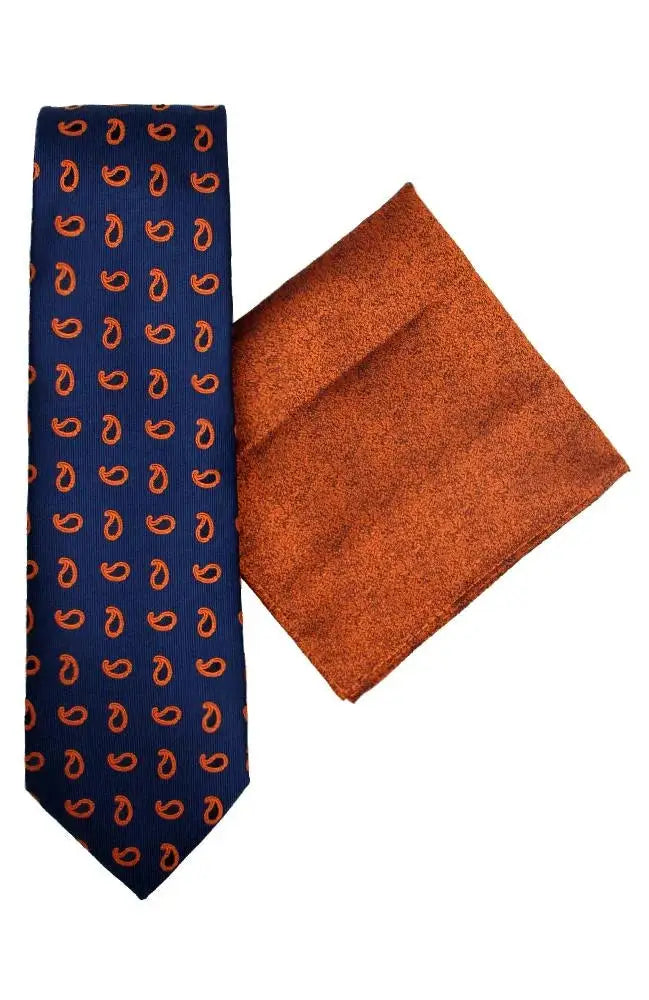 L A Smith Blue And Orange Paisley Tie And Hank Set - Accessories