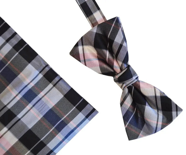L A Smith Blue And Pink Check Silk Bow Tie And Hank Set - Accessories