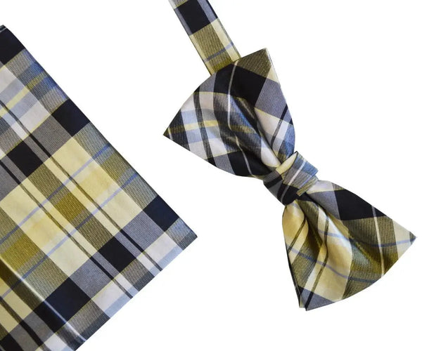L A Smith Blue And Yellow Check Silk Bow Tie And Hank Set - Accessories