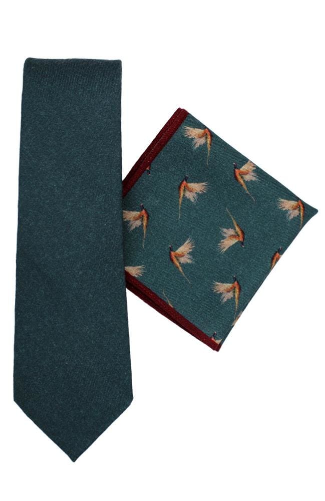 L A Smith Blue Green Pheasant Silk Tie And Hank Set - Accessories