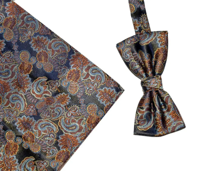 L A Smith Blue Orange Paisley Silk Bow Tie And Hank Set - Accessories