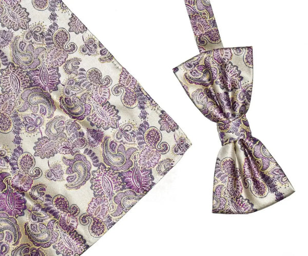 L A Smith Ecru Pink Paisley Silk Bow Tie And Hank Set - Accessories