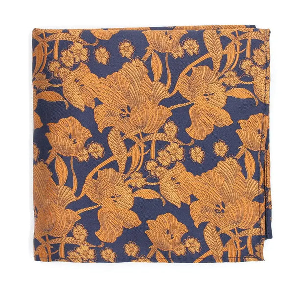 LA Smith Structured Floral Pocket Square - Warm Spice on Navy - tie