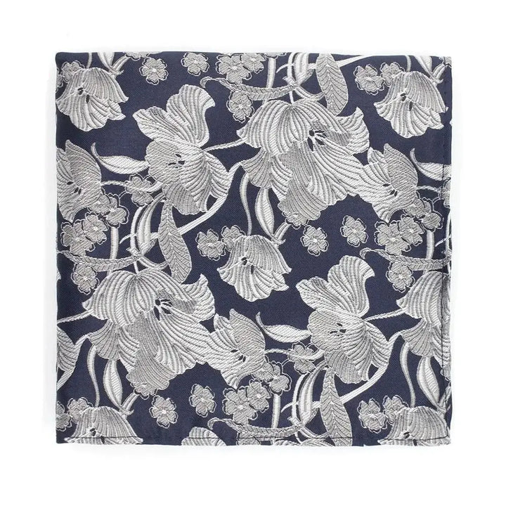 LA Smith Structured Floral Pocket Square - Pewter on Navy - tie