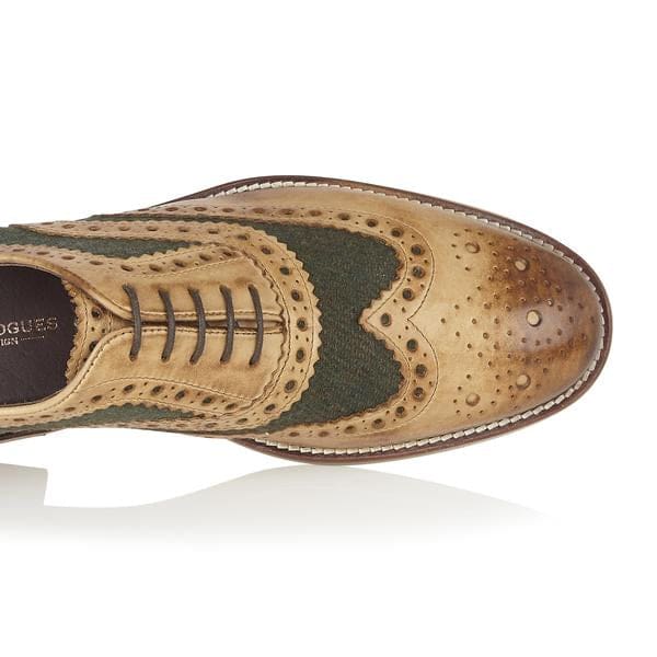 London Brogue Gatsby Leather Brogue Tan/Green Tweed Men’s Shoes - Shoes