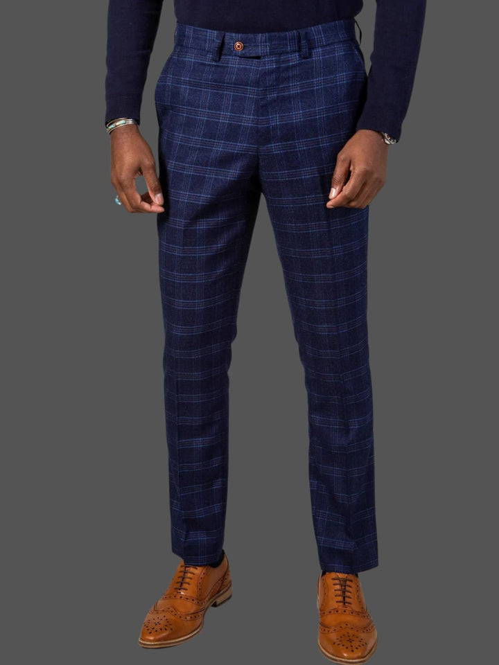 Marc Darcy Blue Tweed Check Chigwell Trousers - 28R - Trousers