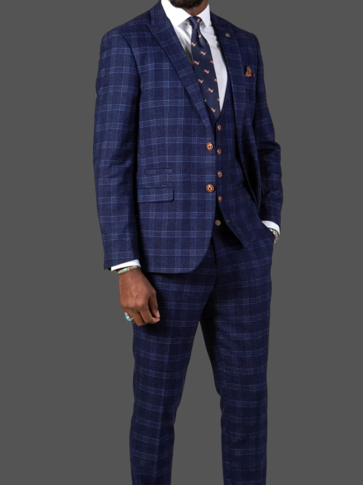 Marc Darcy Blue Tweed Check Chigwell Trousers - Trousers
