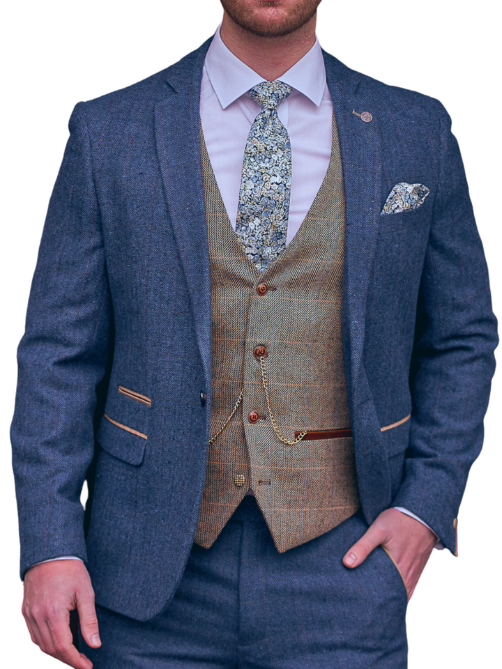 Blue Tweed Wedding Suit with Brown Waistcoat Marc Darcy Dion Ted - 36R / 30R - Suit & Tailoring