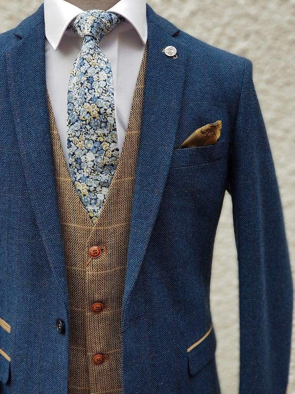 Dion Blue Tweed Wedding Suit 3 Piece with Brown Waistcoat by Marc Darcy - MENSWEARR.COM - 36R / 30R - Men’s Tweed Suits