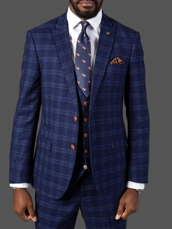 Marc Darcy Chigwell Men's Blue Tweed Check Three Piece Suit