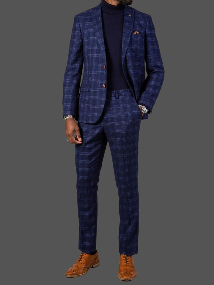 Marc Darcy Chigwell Men's Blue Tweed Check Three Piece Suit with peak lapel jacket