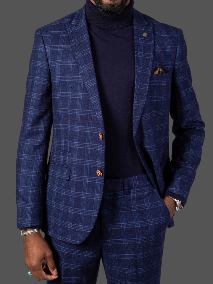 Marc Darcy Chigwell Men's Blue Tweed Check Three Piece Suit